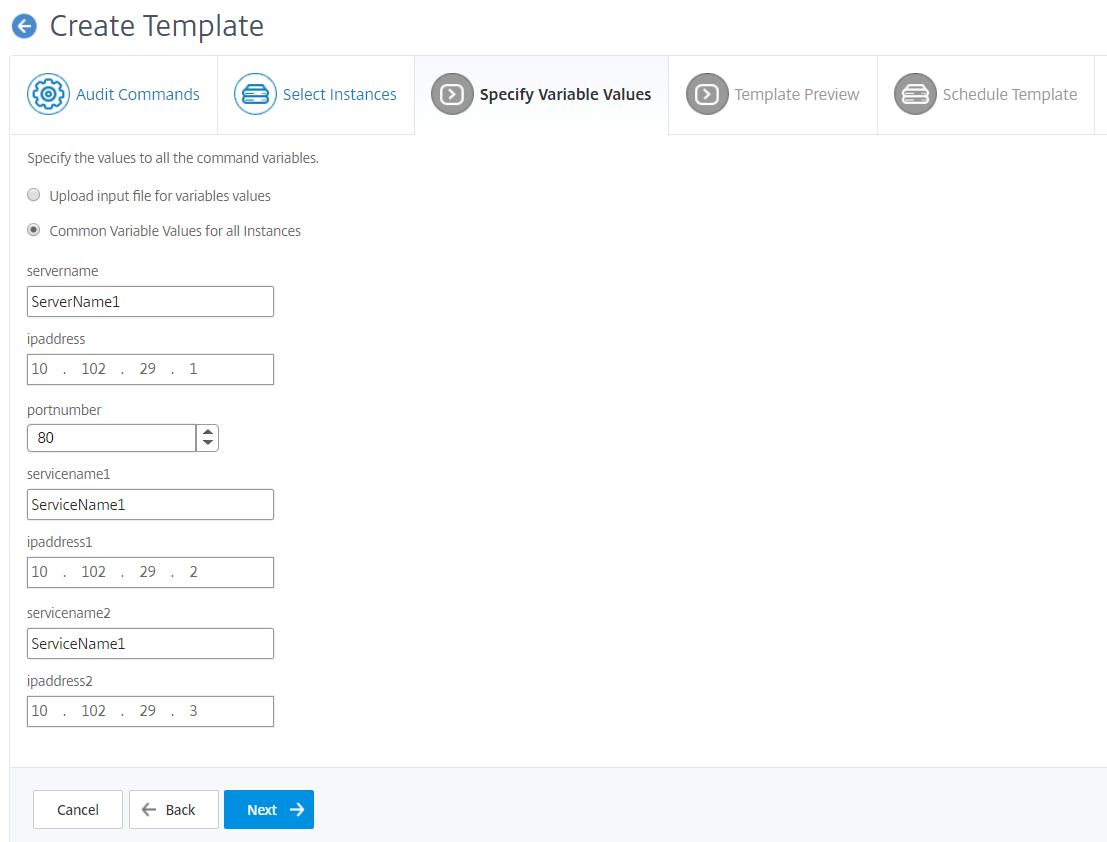 Specify variable values