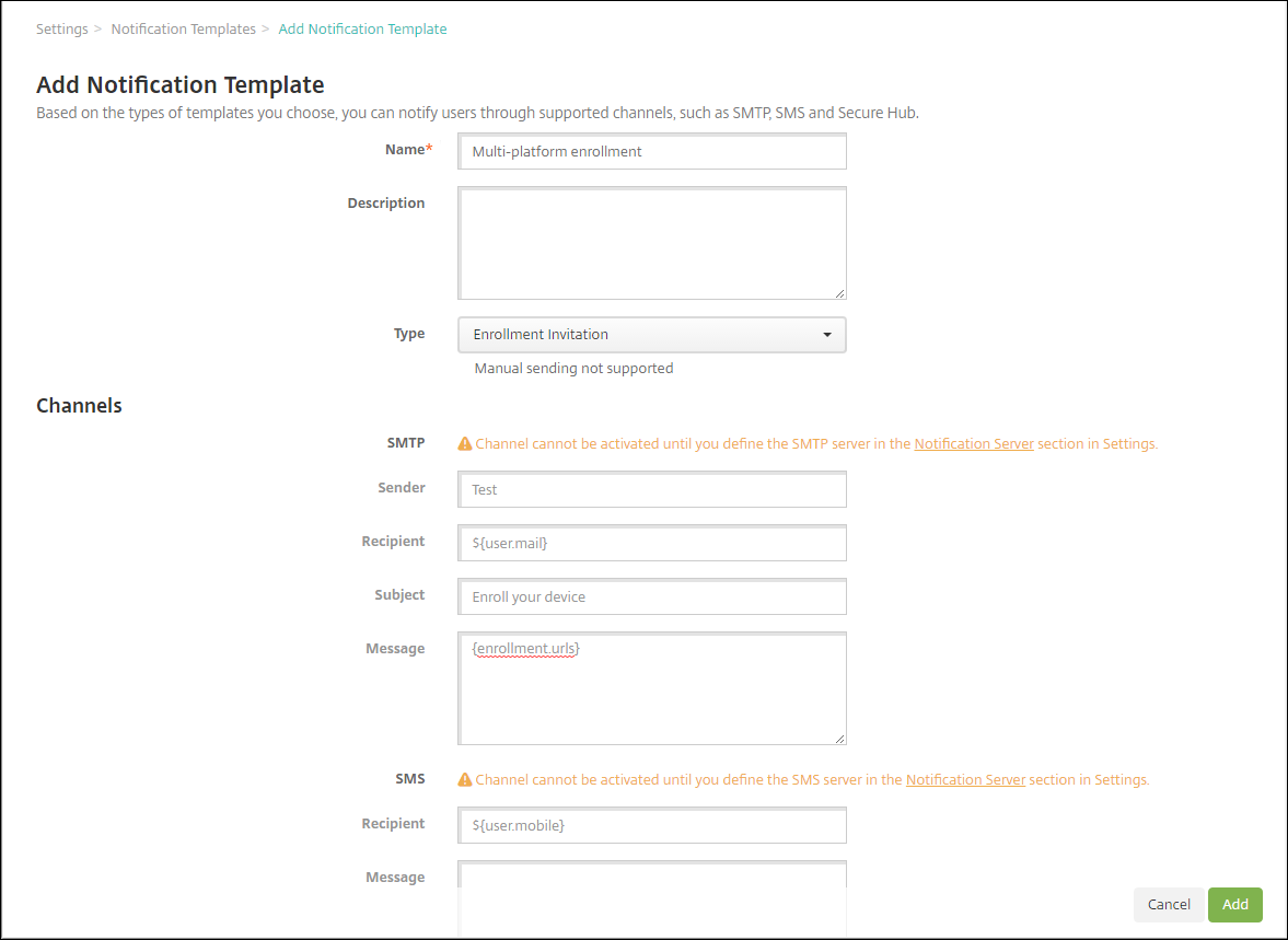 Notification Template settings screen