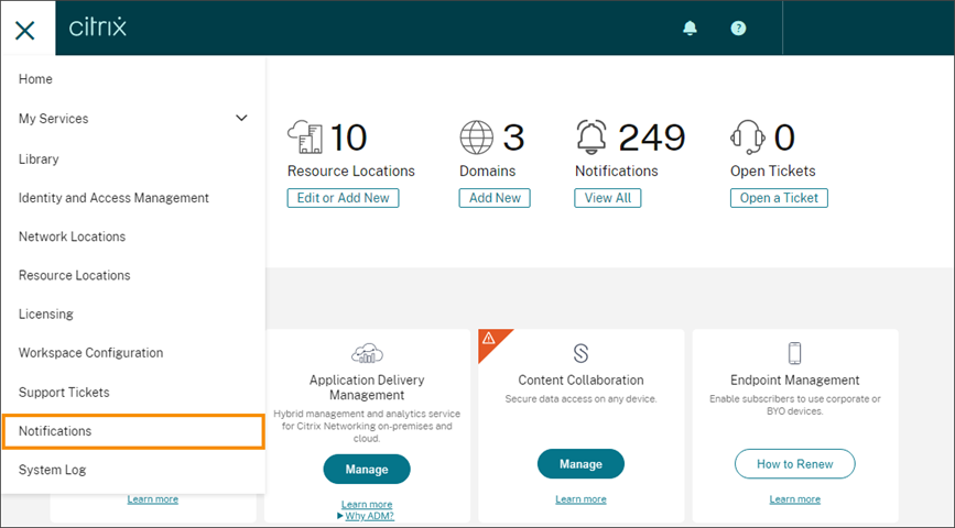 Citrix Cloud console with Notifications menu selected