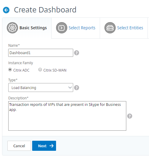 Select the dashboard type