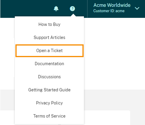 Citrix Cloud Help icon with Open a Ticket menu option highlighted