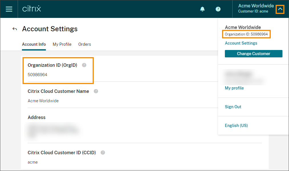 Account Settings page in Citrix Cloud console with Account Settings menu displayed and Organization ID field highlighted