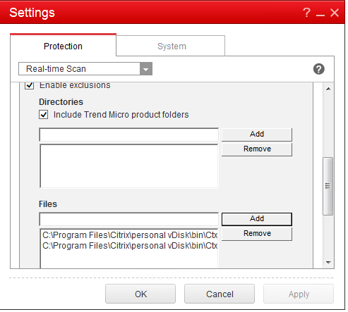 Excluded files entered on Protection tab