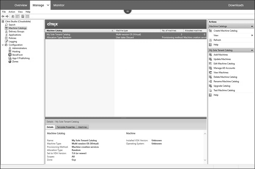 Studio Console showing machine catalogs