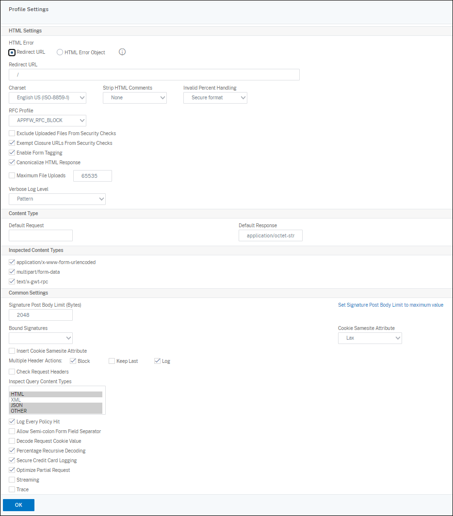 WAF Profile Settings