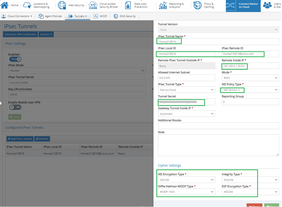 Citrix SIA Service IPsec Tunnel Config Verify