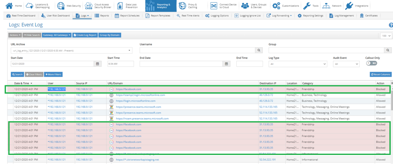 Web Category Facebook Blocked Reporting Stats Use Case 2