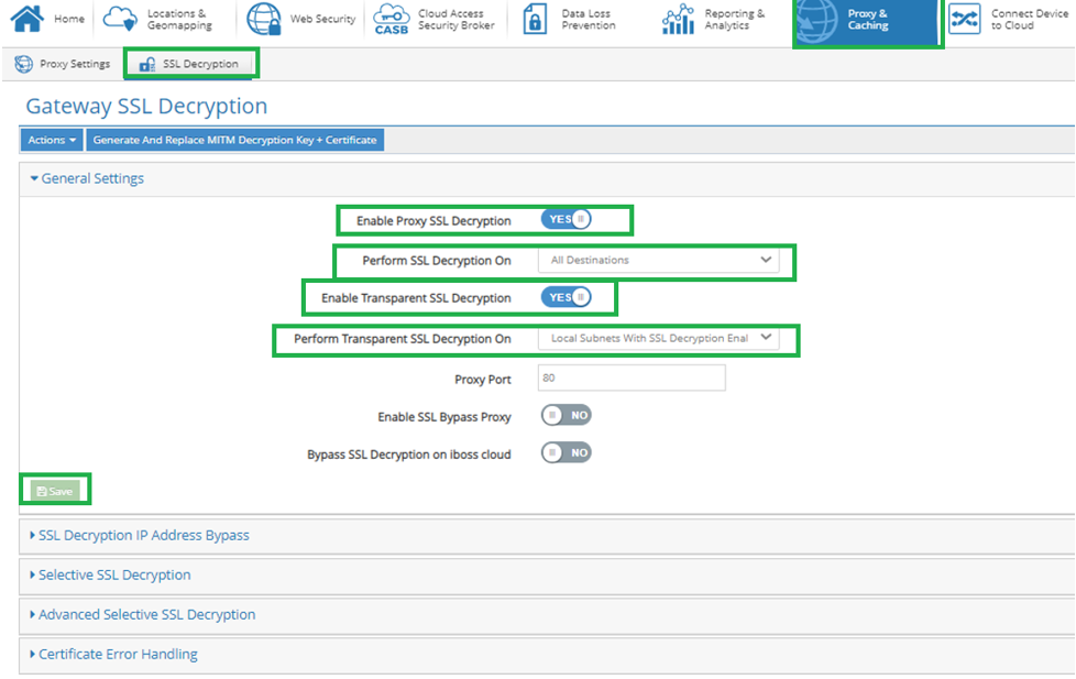 Proxy and SSL Decryption Settings for IPsec Tunnel