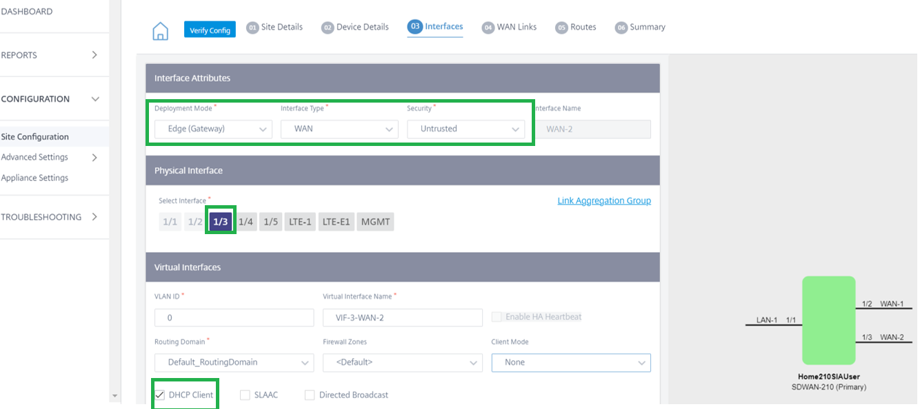 210 WAN Link 2 Interface creation details from Orchestrator