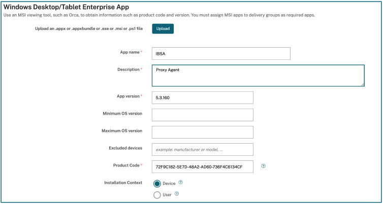 Citrix SIA AGENT DEPLOY CEM APP SETTINGS