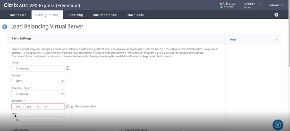 Load balancing virtual server on the primary instance