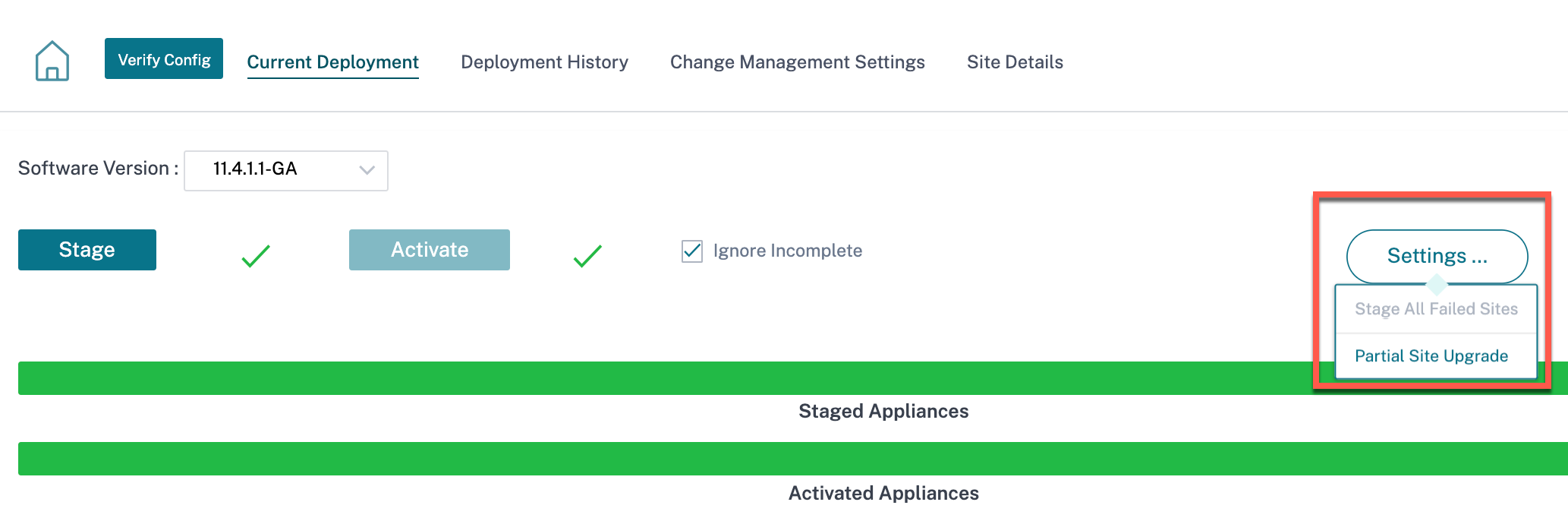 Partial site upgrade setting icon