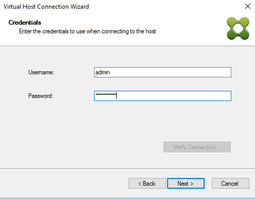 Image of the virtual host connection wizard credentials dialog box