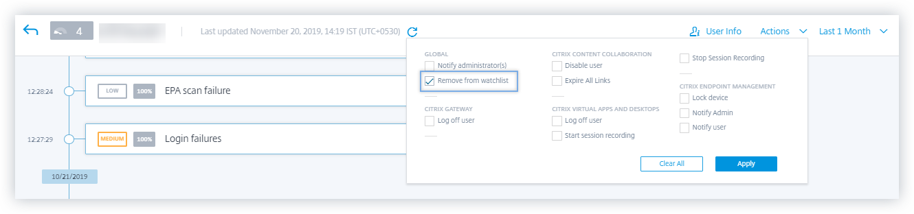 Action to remove from watchlist