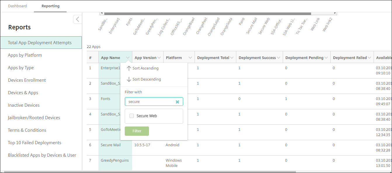 Report column sorting, filtering, and searching