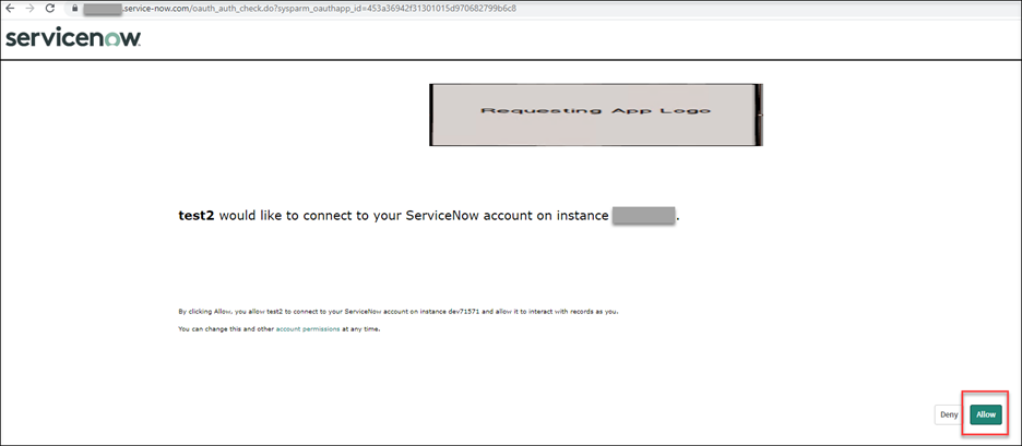 Requesting a permission to connect to ServiceNow