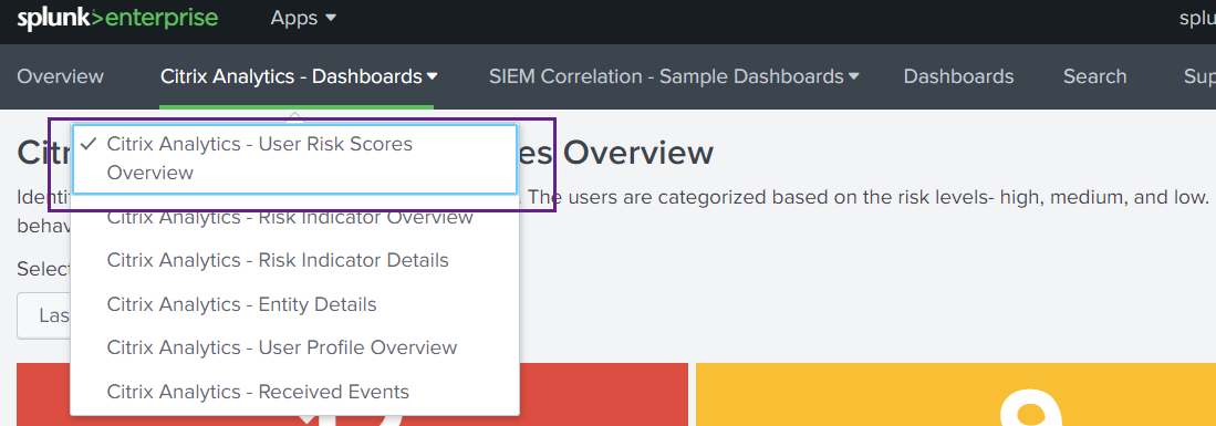 Risk score overview drop-down list