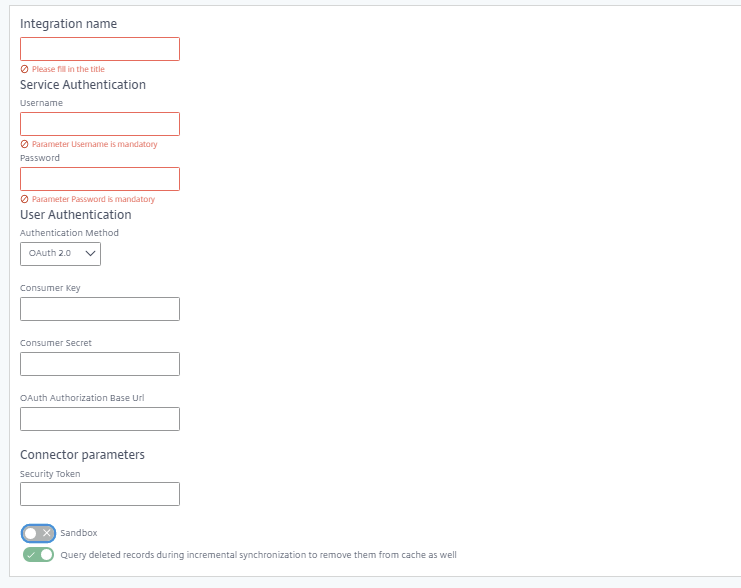 Salesforce connector parameters, user name, Password, User Authentication, Security Token