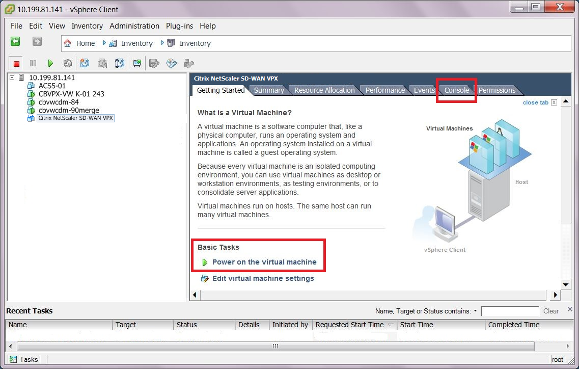 vSphere client inventory page getting started