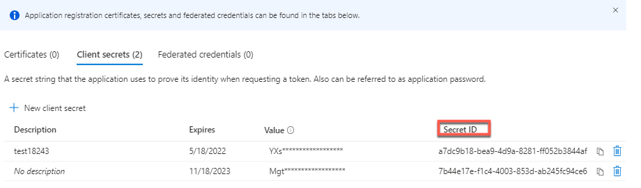 Application secret in Azure portal