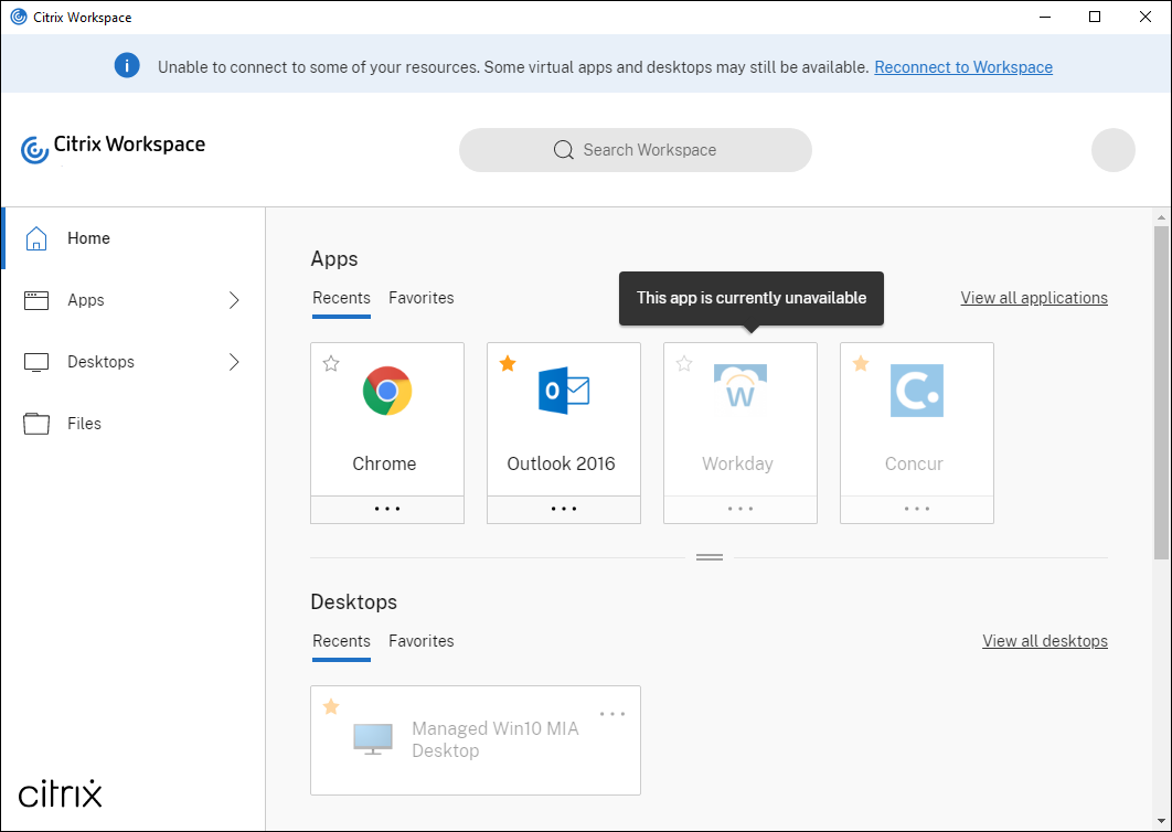 Citrix Workspace app home page showing service continuity outage message and apps