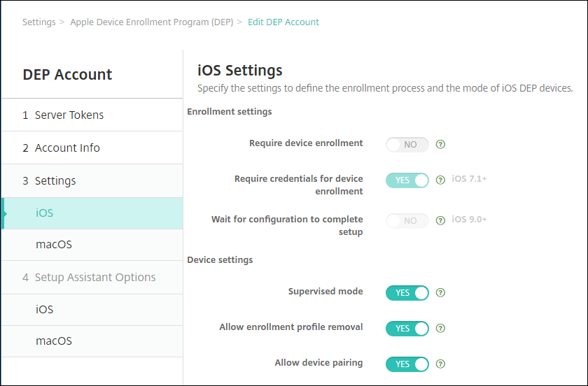 Apple settings screen