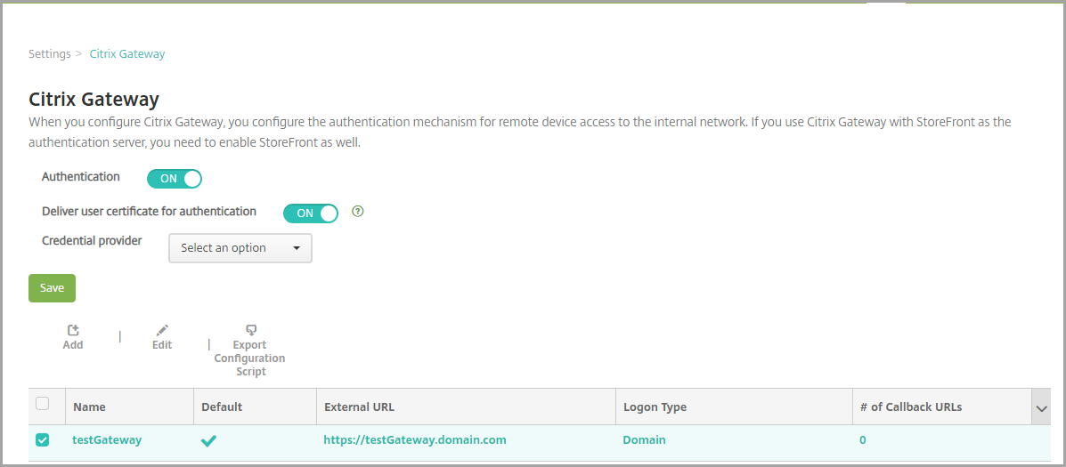 Citrix Gateway configuration screen