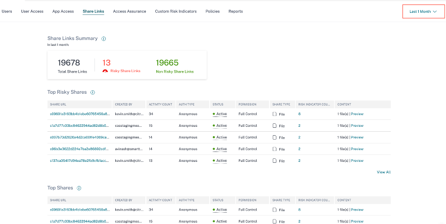 Share Links dashboard