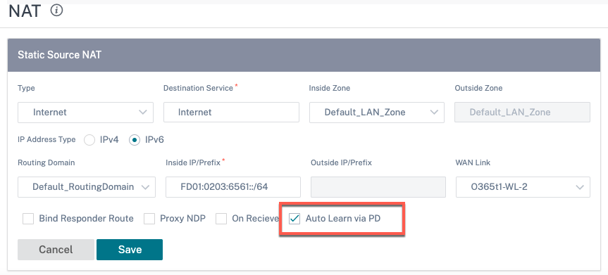 Static source NAT NPT auto learn through PD