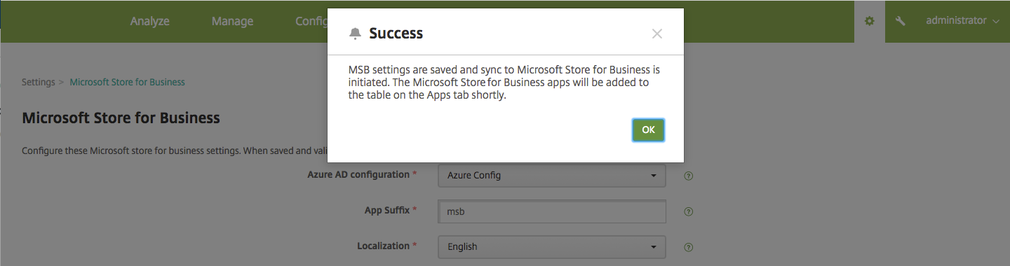 Microsoft Store for Business settings screen