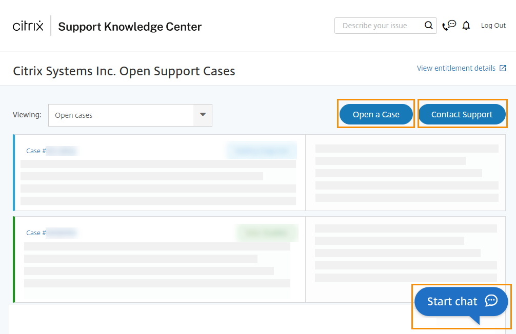 Simplified Support Center home page with contact buttons highlighted