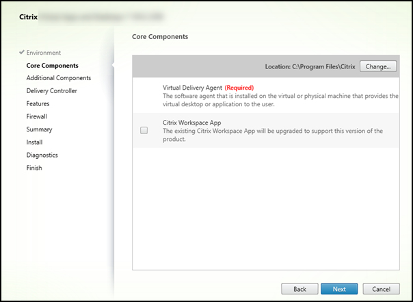 Core components page in VDA installer