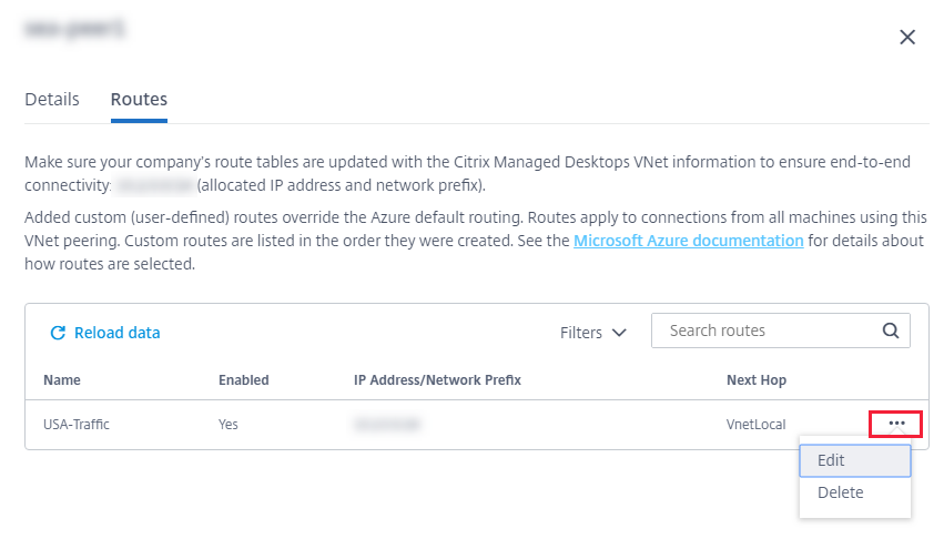 Routes tab in VNet peering details page