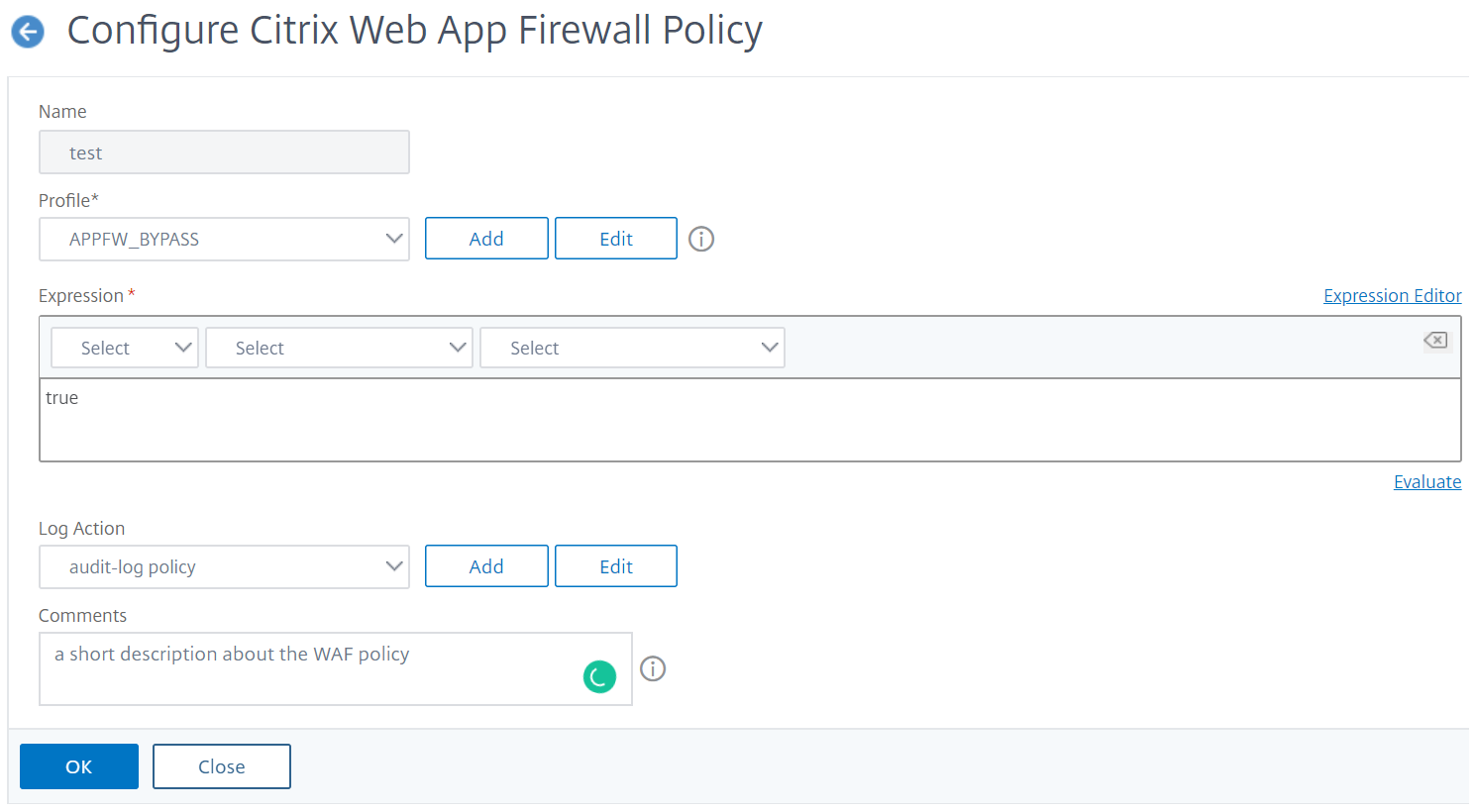 WAF policy configuration