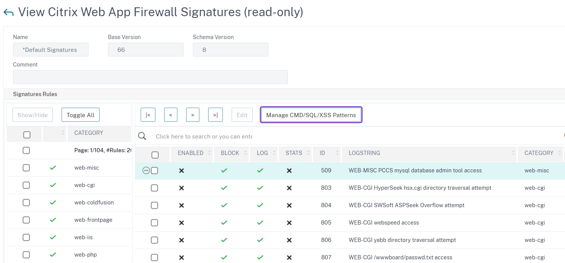 View the default injection patterns