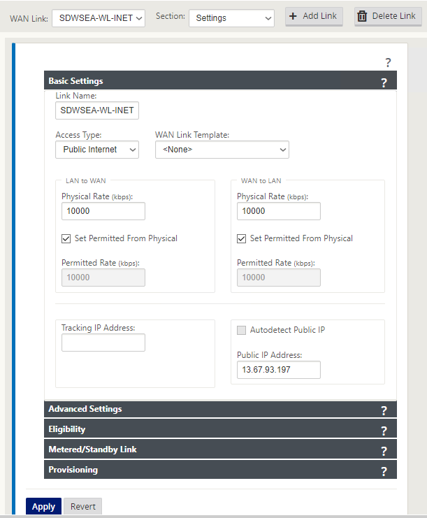 WAN link Azure settings