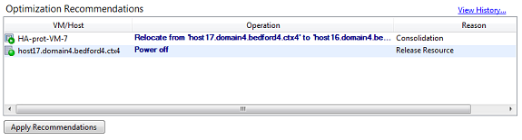  This illustration shows a screen capture of the Optimization Recommendations list, which appears on the WLB tab. The Operation column displays the behavior change suggested for that optimization recommendation. The Reason column displays the purpose of the recommendation. This screen capture shows an optimization recommendation for a VM, HA-prot-VM-7, and a host, host17.domain4.bedford4.ctx4. 