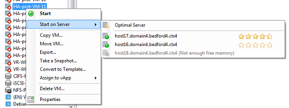  This illustration shows a screen capture of the Start On Server feature. More stars appear beside host17 since this host is the optimal host on which to start the VM. host16 does not have any stars beside it, which indicates that host is not recommended. However, since host16 is enabled the user can select it. host18 is grayed out due to insufficient memory, so the user cannot select it. 