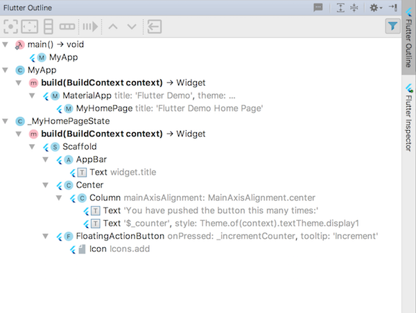 screenshot showing the Flutter inspector