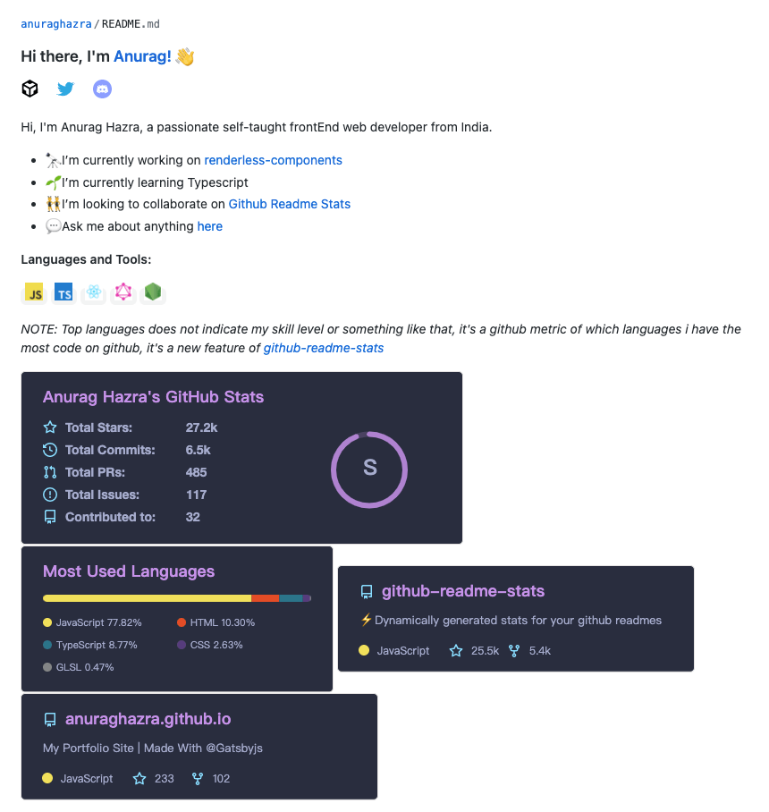 通过 github-readme-stats 动态生成 GitHub 统计信息 