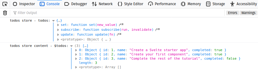 web console showing the functions and contents of the todos store