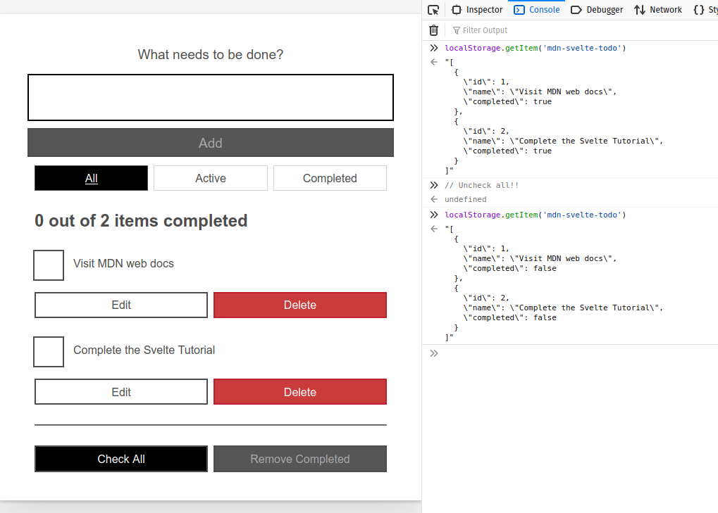 todo app with web console view alongside it, showing that when a todo is changed in the app, the corresponding entry is changed in web storage