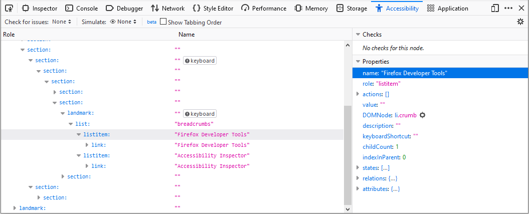 Shows issue checker toolbar with "contrast and "text label" options