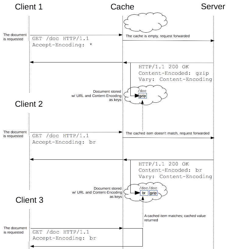 The Vary header leads cache to use more HTTP headers as key for the cache.