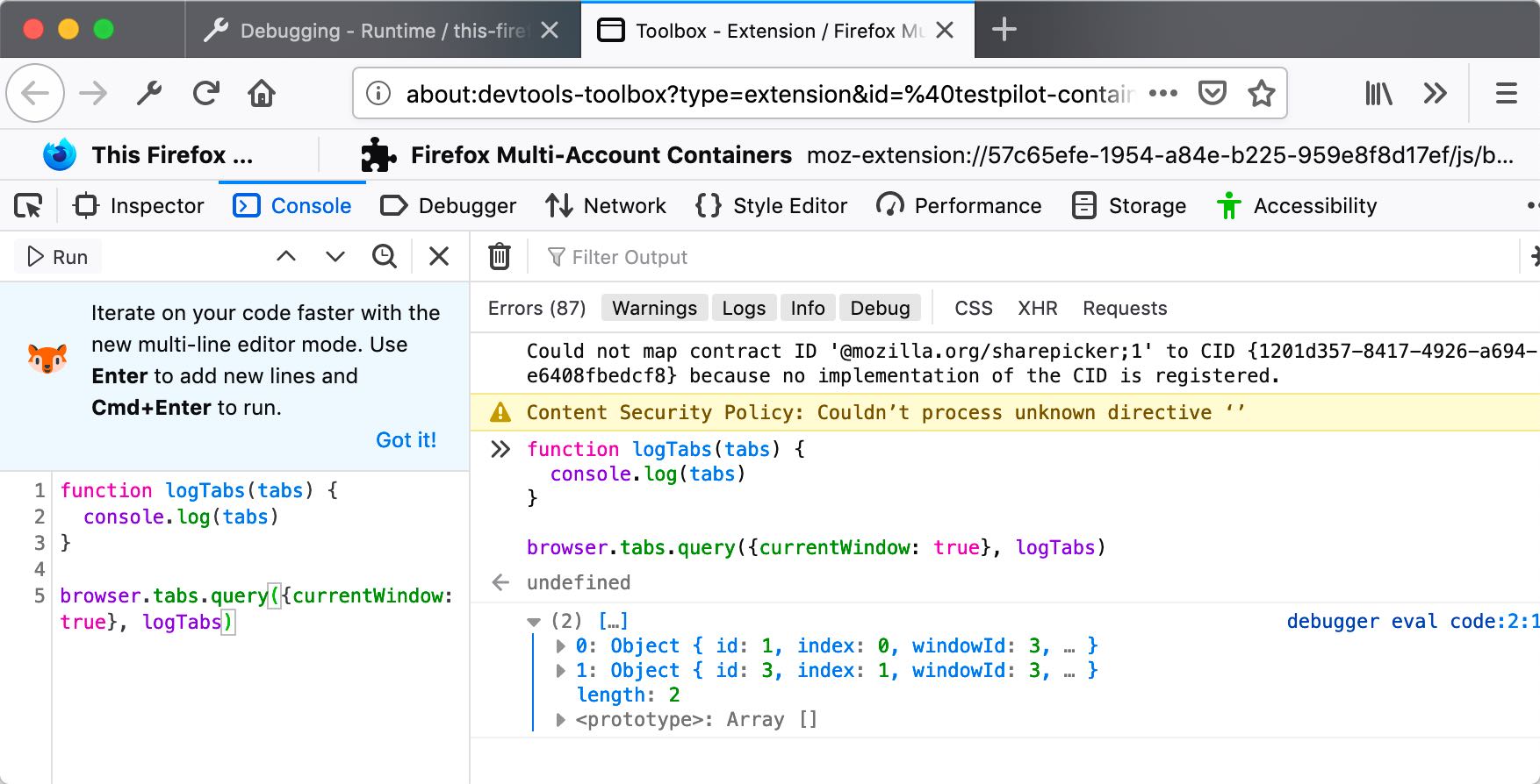 Illustration of a snippet of web extension code run from the console in the Toolbox