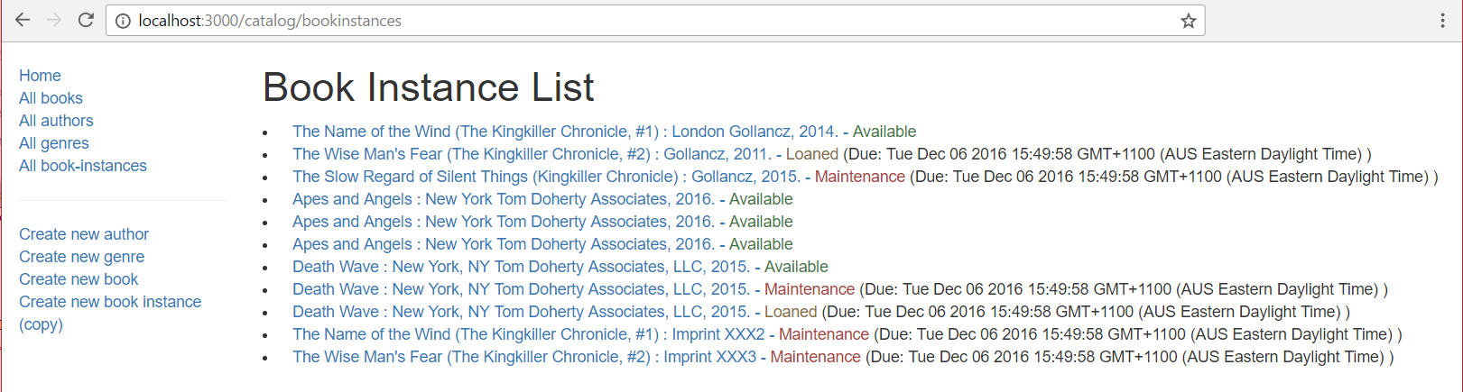 BookInstance List Page - Express Local Library site