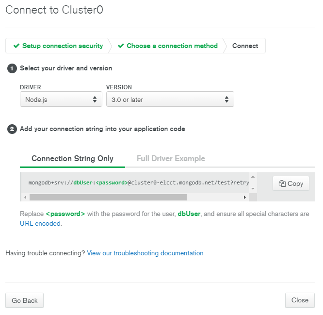 Choose the Short SRV connection when settinup a connection on MongoDB Atalas.