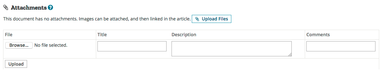 Screenshot of the Attachments section of the editor, with controls for uploading a file