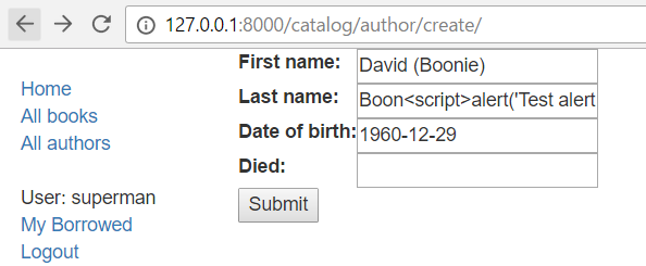 Author Form XSS test