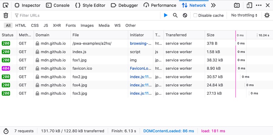 the network monitor, showing that requests that come from a cache are marked with service worker